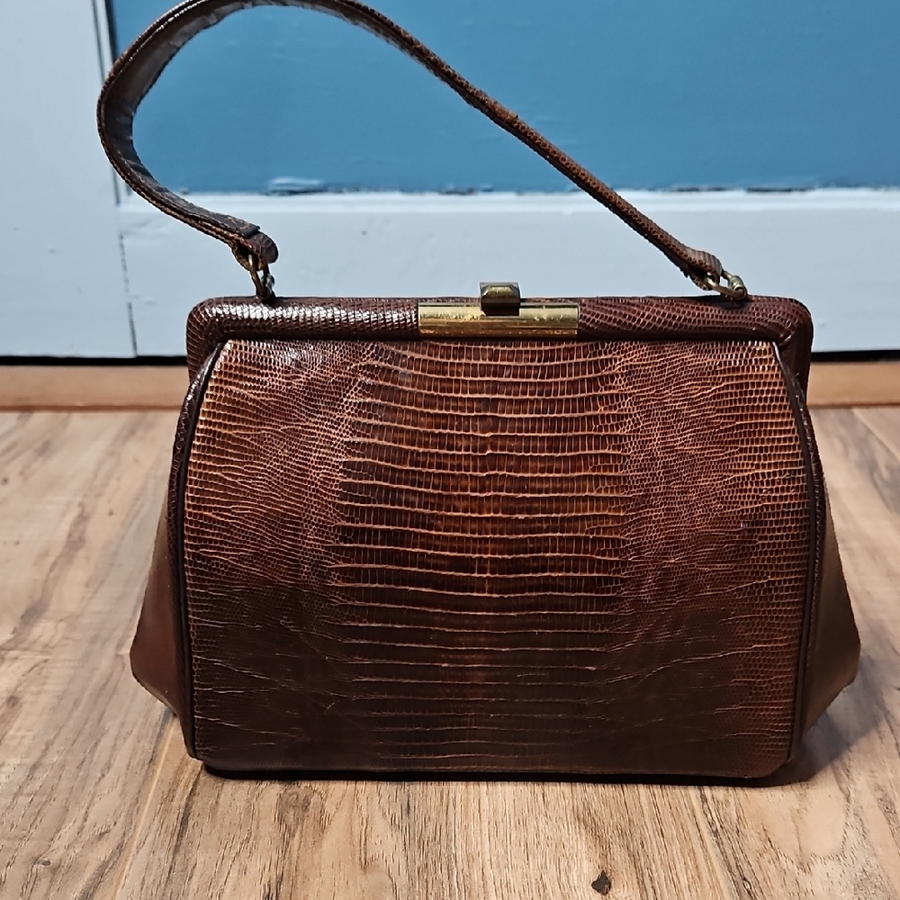 Vintage Sterling USA Brown Textured Lizard Alligator Croc Leather Top Handle Bag